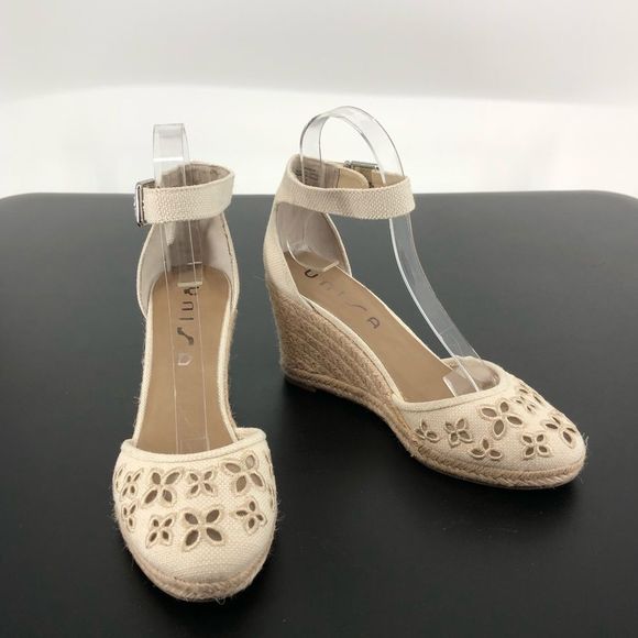 Unisa Unareia Cream Embroidered Eyelet Ankle Strap Espadrille Wedge Sandals 8 - Picture 3 of 15